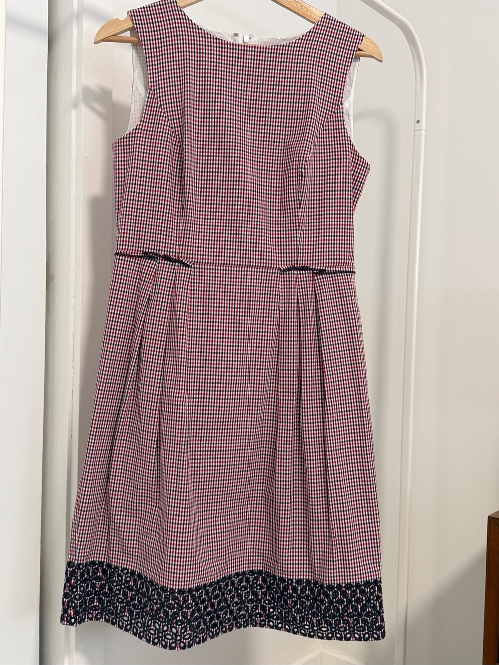 Brooks Brothers Pink and Navy Gingham Midi Dress with Printed Hem
